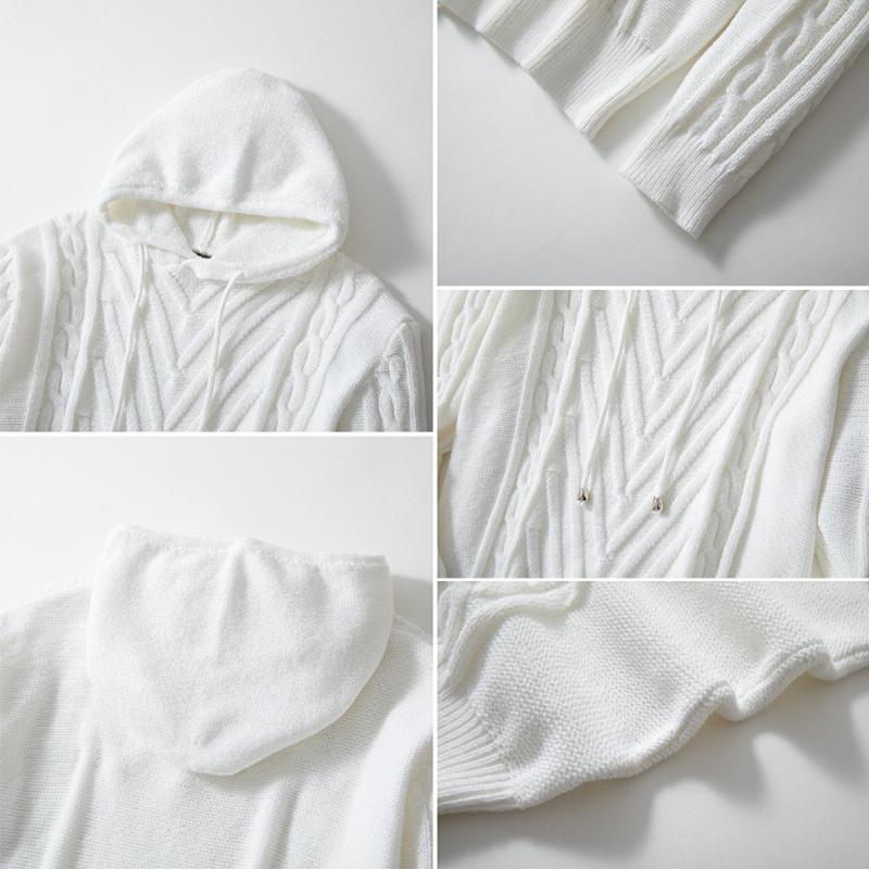 Мужская зимняя трикотажная толстовка с капюшоном, повседневный белый трикотажный свитер с капюшоном, мужской длинный рукав, трендовый трикотаж