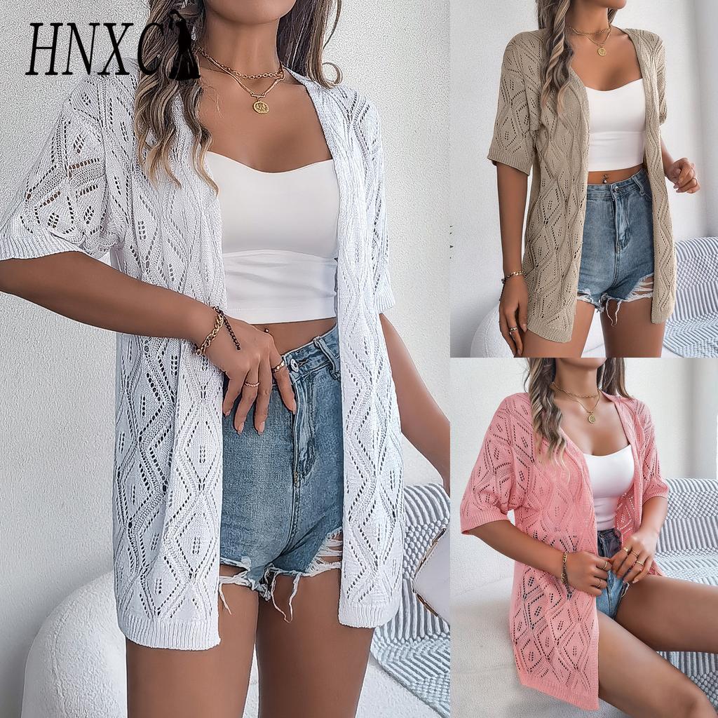 HNXC Summer Cut-out Checkered Short-sleeved Knitted Cardigan for Beach Sun Protection Women's Wear