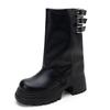 2025 Casual Female Mid Calf Boots Round Toe Thick Heels 7.5cm Platform Plus Size 43 44 45 Metal Decoration Party Bota