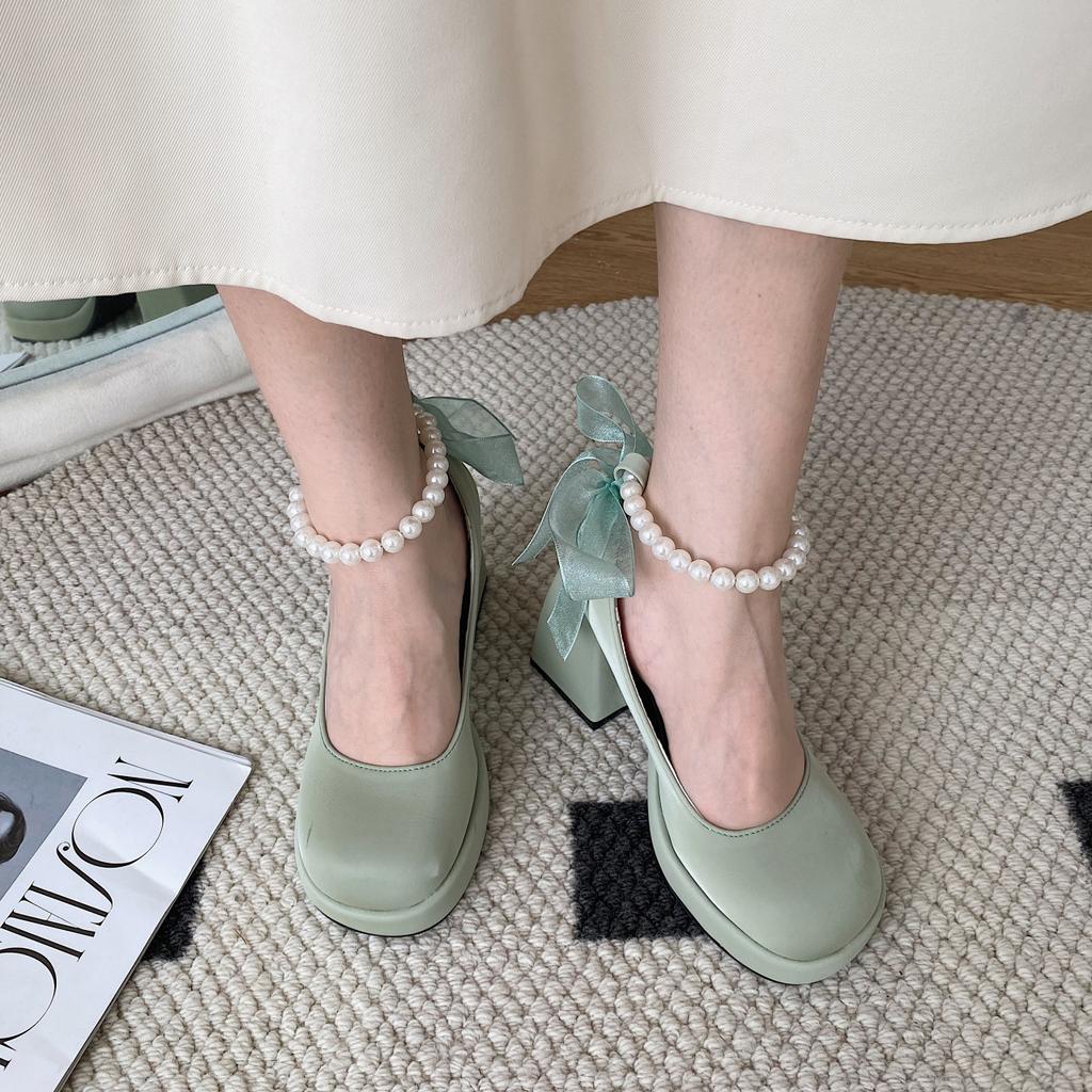 Ретро туфли Мэри Джейн с жемчужным бантом женские 2025 весна и осень новые толстый каблук милые высокие каблуки толстый каблук одинарные туфли женские