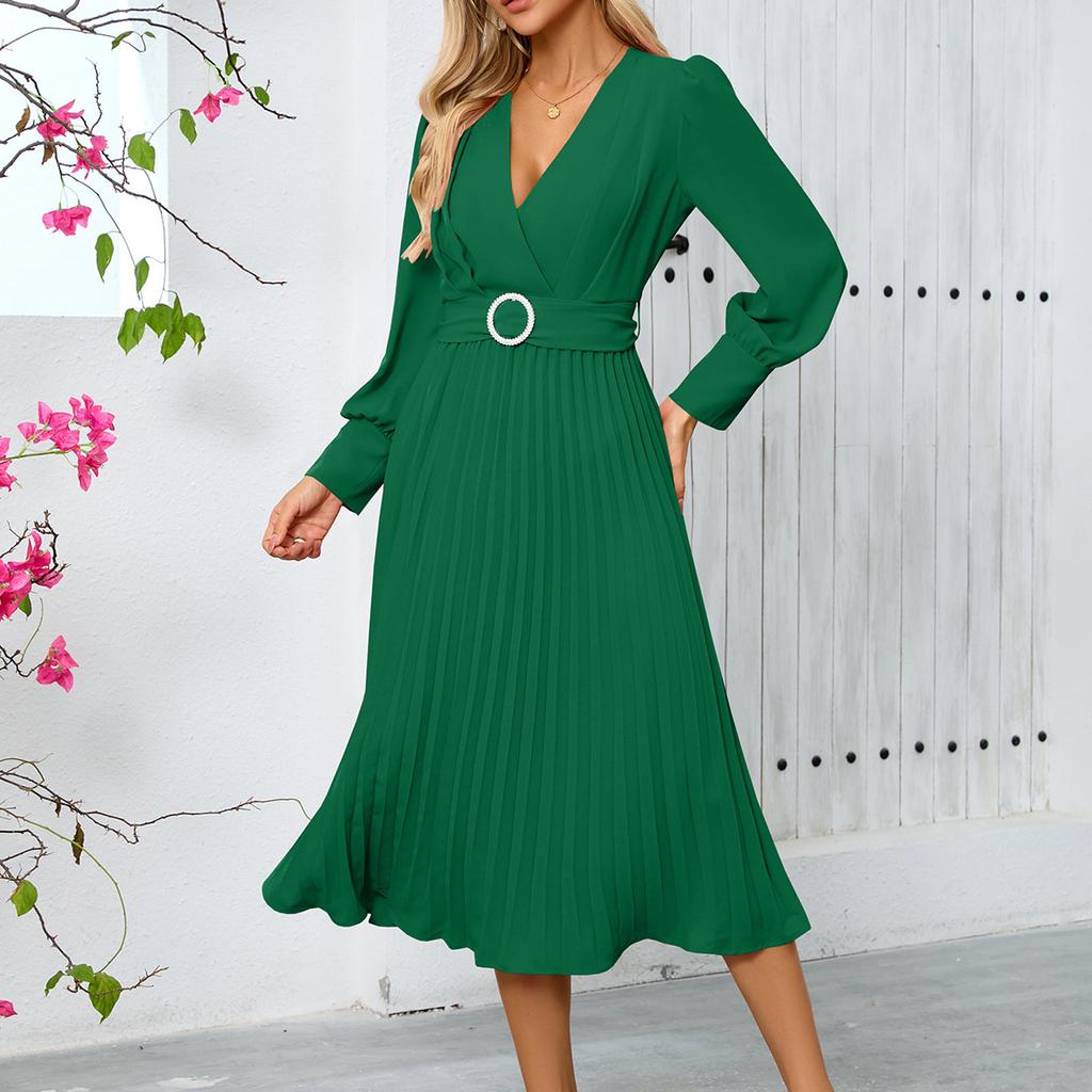 Women's Fashion V-Neck Long Sleeve Solid Colour Slim Dress Loose Casual Dresses