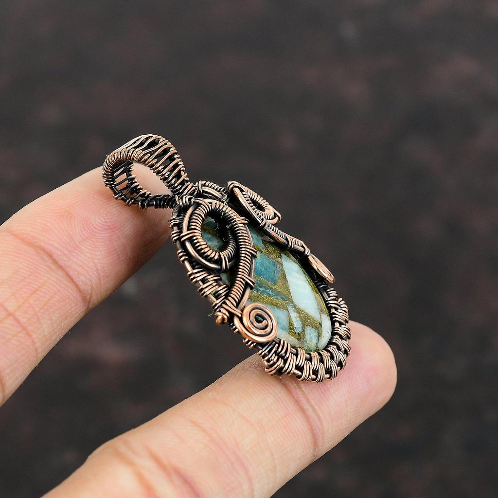 Медный амазонитовый кулон, обернутый медной проволокой, подлинный драгоценный камень, кулон ручной работы, медная проволока, элегантный кулон для подарка