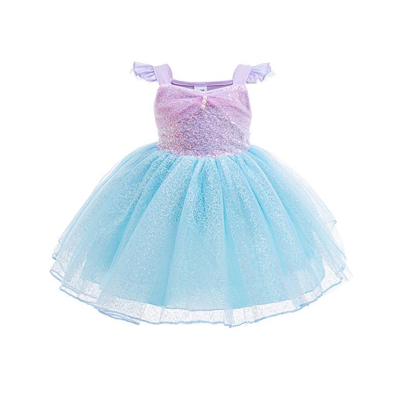 Girls' Mermaid Princess Beaded Lace Dress: Cosplay Costume with Puff Sleeves for First Birthday