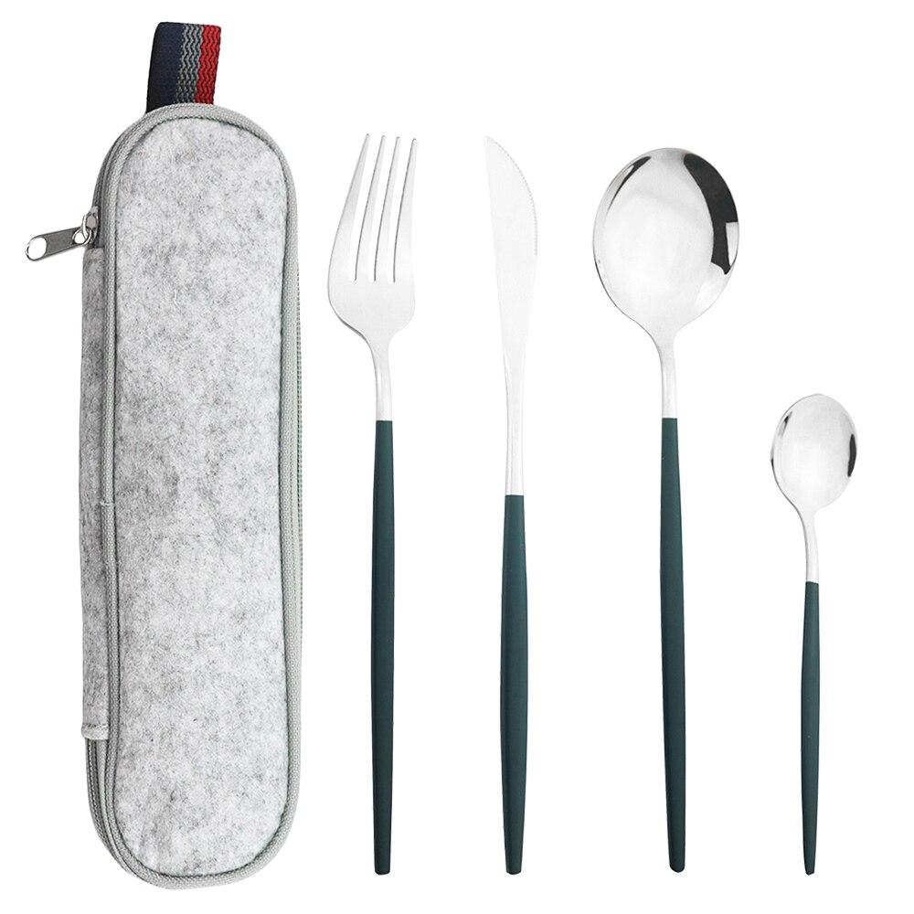 Мятно-зеленый, золотой набор столовой посуды, набор столовых приборов для кемпинга, нож, вилка, ложка с портативной серой сумкой, набор посуды из нержавеющей стали