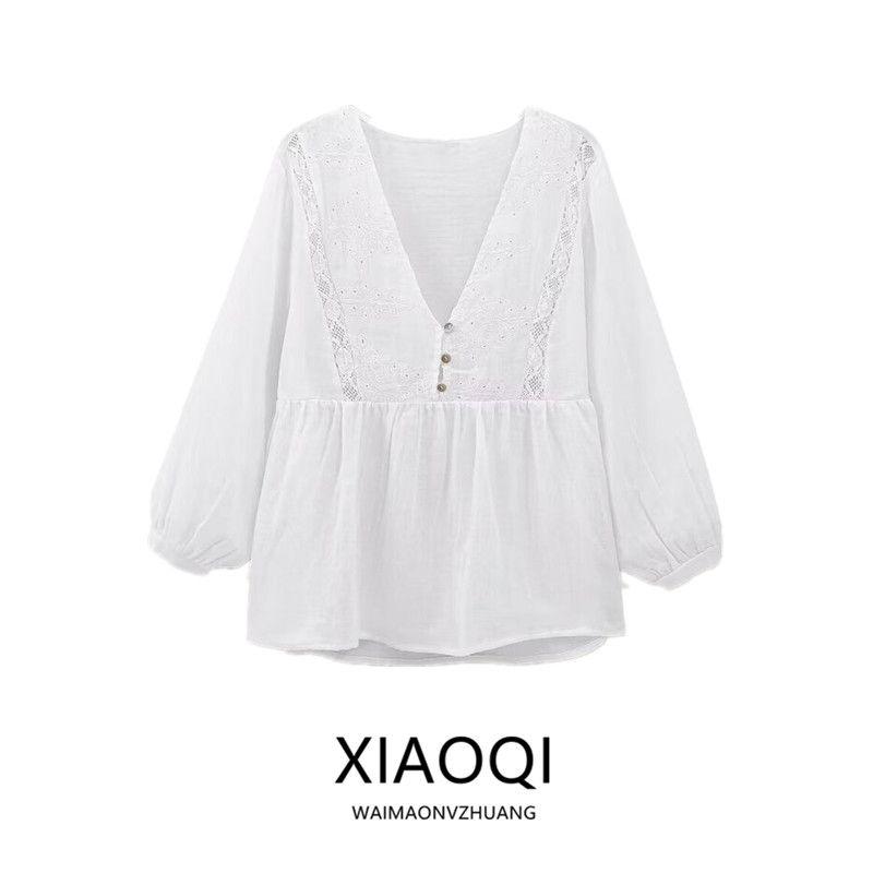 Western Style 2024 Summer New Women Loose All-Match Vertical Lace and Embroidery Decoration Shirts 2298096