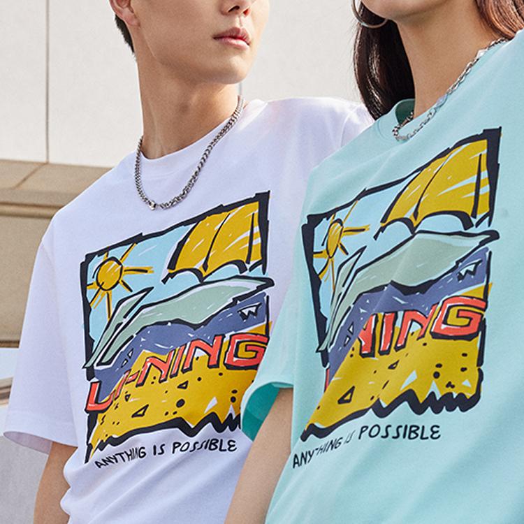 Li-Ning Футболка Sports Life с мультяшным принтом, круглым вырезом, короткими рукавами и заниженными плечами, топы унисекс, синий AHST543-3