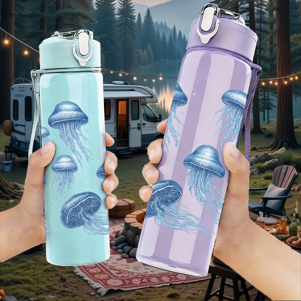 1PC Group Jellyfish Deep Sea Print 750ml Color Plastic Sports Water Bottle Leakproof Flip Straw Lid Suitable for Sports Office Home Use