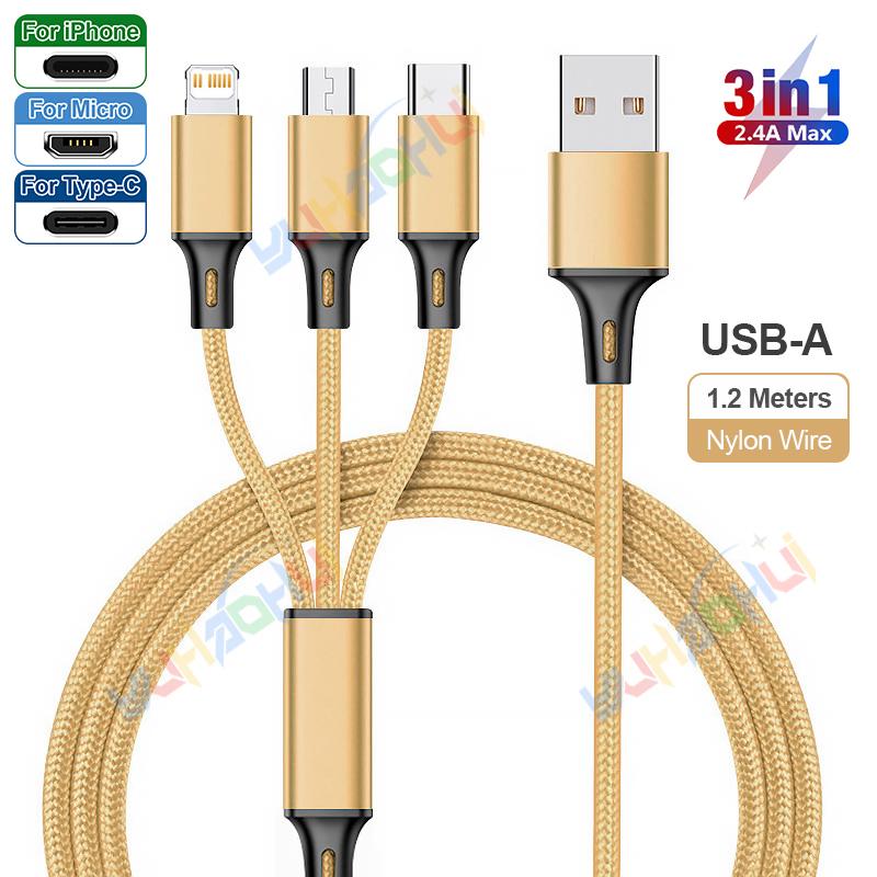 2.4A Макс. 3 в 1 USB-кабель для быстрой зарядки Lightning-кабель для iPhone Type C Кабель для зарядки мобильного телефона для Xiaomi Samsung USB Micro