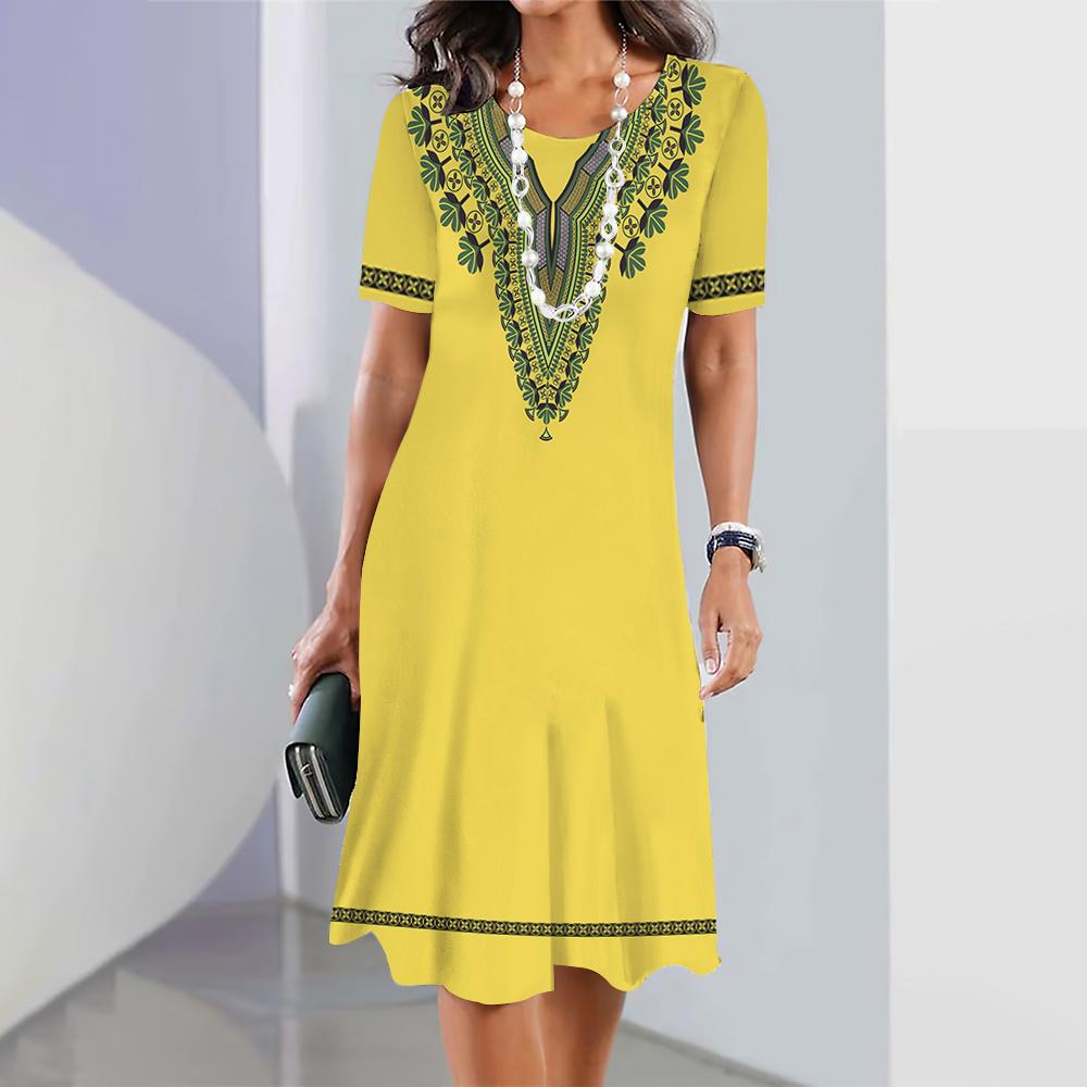 Платья в национальном костюме, летние, свободные, винтажные, с короткими рукавами, юбка А-силуэта, дизайнерские, с 3D-принтом, элегантные, с круглым вырезом, женские платья