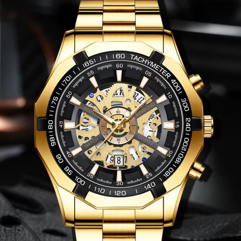 BINBOND Скелетон полые немеханические часы водонепроницаемые светящиеся многофункциональные часы синие мужские наручные часы