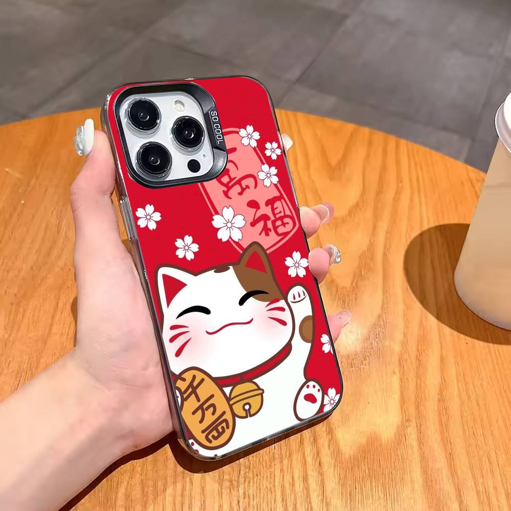 Счастливый Кот Денег M-Maneki N-Neko Чехол для Телефона Для iPhone17 16 15 14 13 12 Pro Max Серый Черный Матовый Лазерный Металлик Аврора Funda