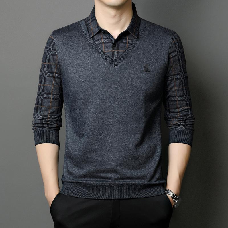Autumn New Style Shirt Collar Sweater Casual Men's Middle-aged Fashion Simple Pullover Men's Sweater Fake Two Pieces