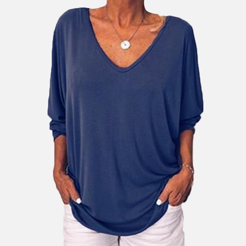 Women S V Neck Batwing 3 4 Sleeve Loose Fit T Shirt With Back Buttons