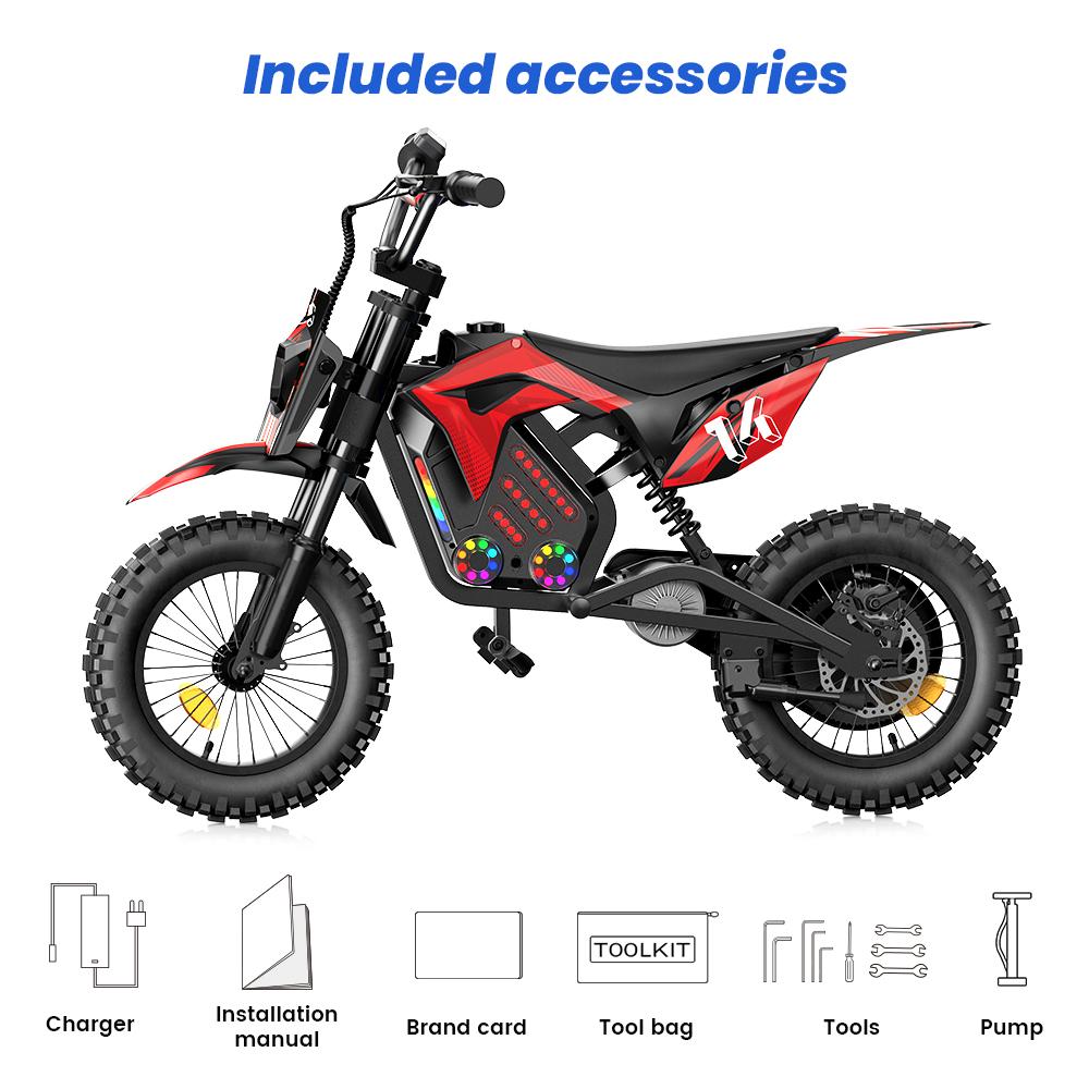 A14 Kids ELECTRIC DIRT BIKE 14 Inch 500W Motor 36V5.2Ah Battery 20-22km Range Shock Absorption, Bluetooth LED Lights