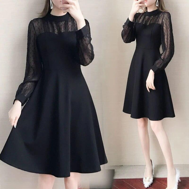 Spring Summer Black Lace Patchwork A-line Robe Femme Long Sleeve Vintage Elegant Fashion Oversized Dress Women Casual Vestido