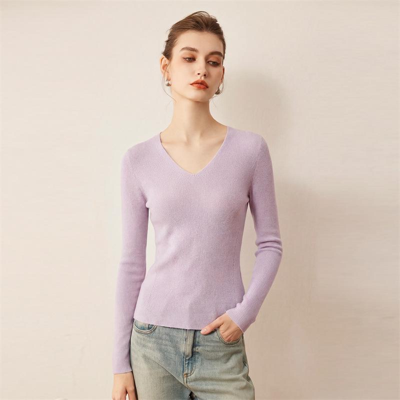 Women's Cross V-Neck Striped Wool Knit Pullover, Slim-Fit Base Layer for Autumn/Winter