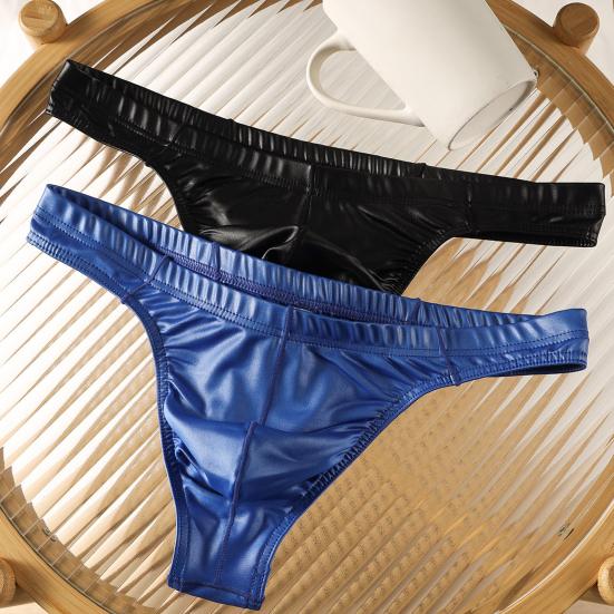 Men Glossy Sexy Thongs Silky Smooth Underpants Imitation Leather Soft Low-Waist Thong Briefs for Date Party