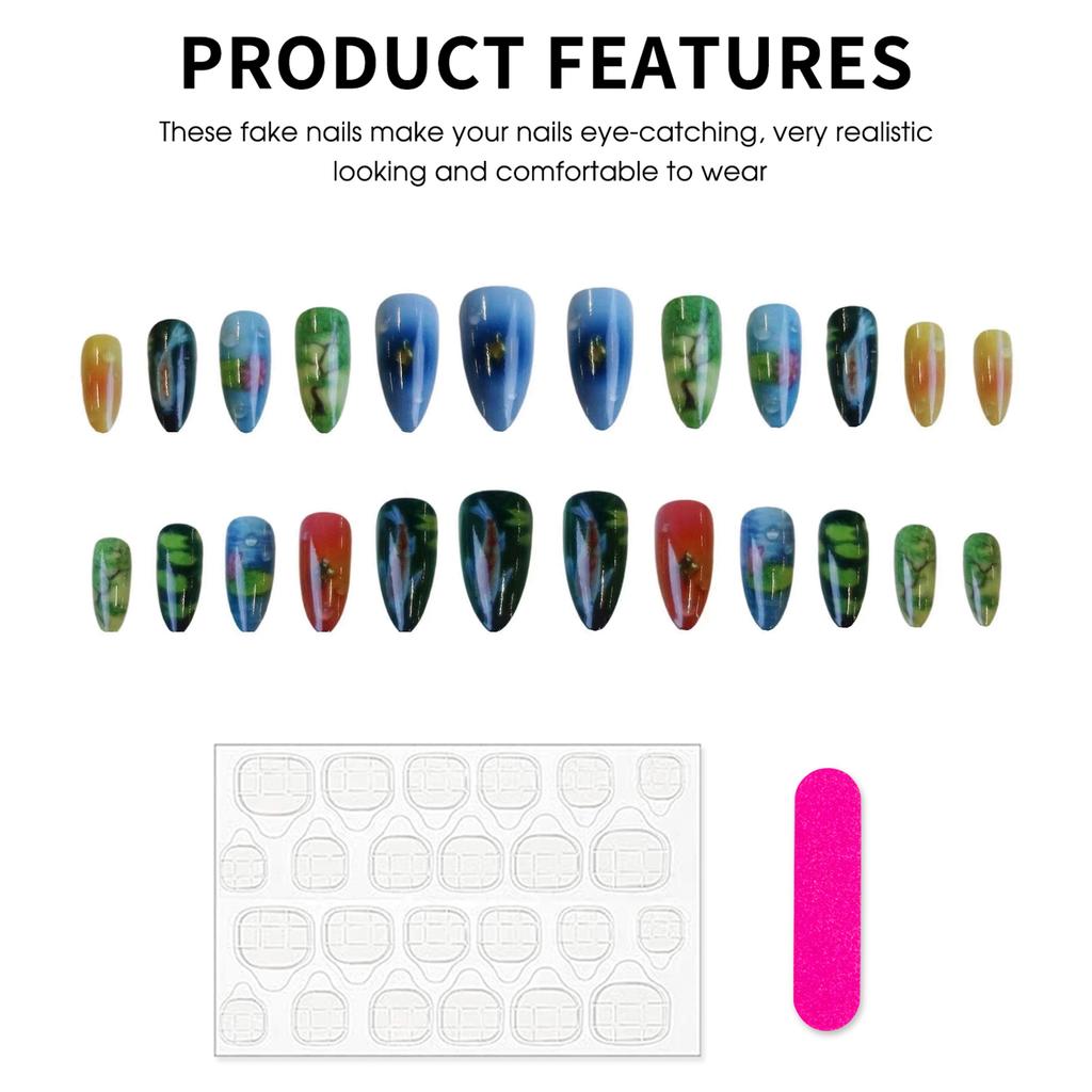 Artificial Nails with Lotus and Koi Design 24 Pieces Set for Wedding Party Daily Use