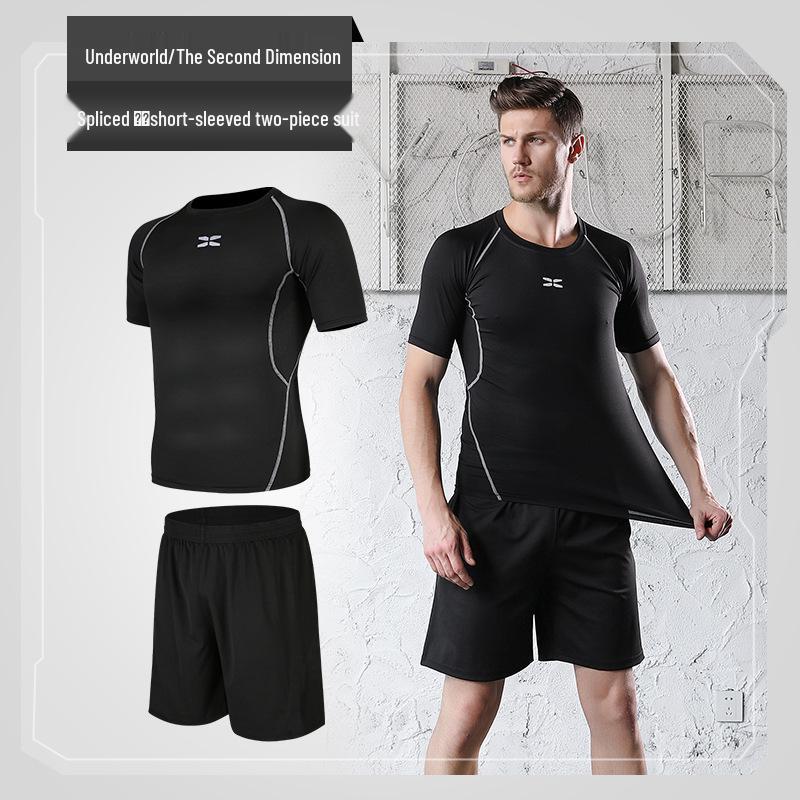 Мужской фитнес-костюм-пятерка черного цвета: Куртка, Короткий рукав, Футболка, Большой размер Спортивный костюм