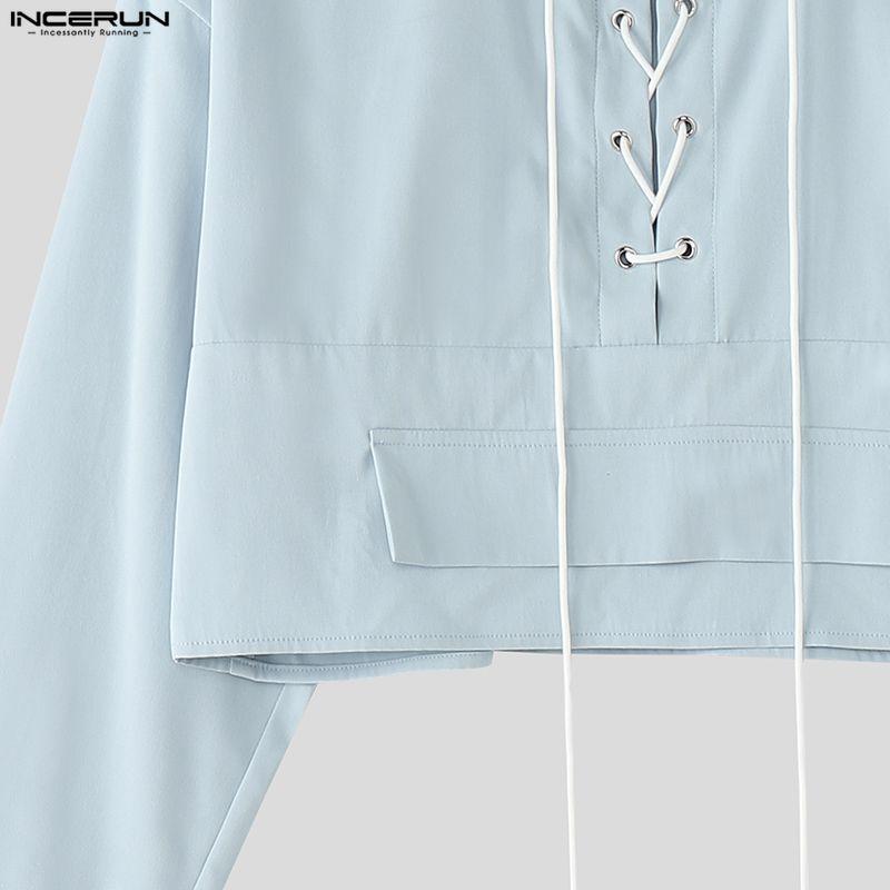 INCERUN Мужские рубашки оверсайз с лацканами, длинными рукавами, бинтами, повседневные, свободные, укороченные