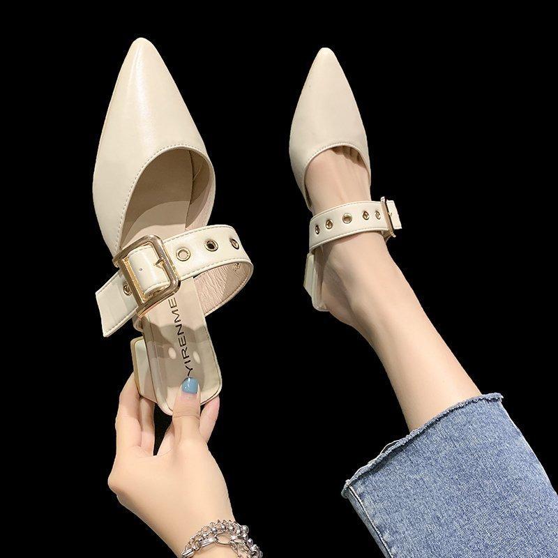 Belt Buckle Half Slippers for Women To Wear Externally 2024 Summer New Korean Style Pointed Thick Heel Wrapped Slippers for Women