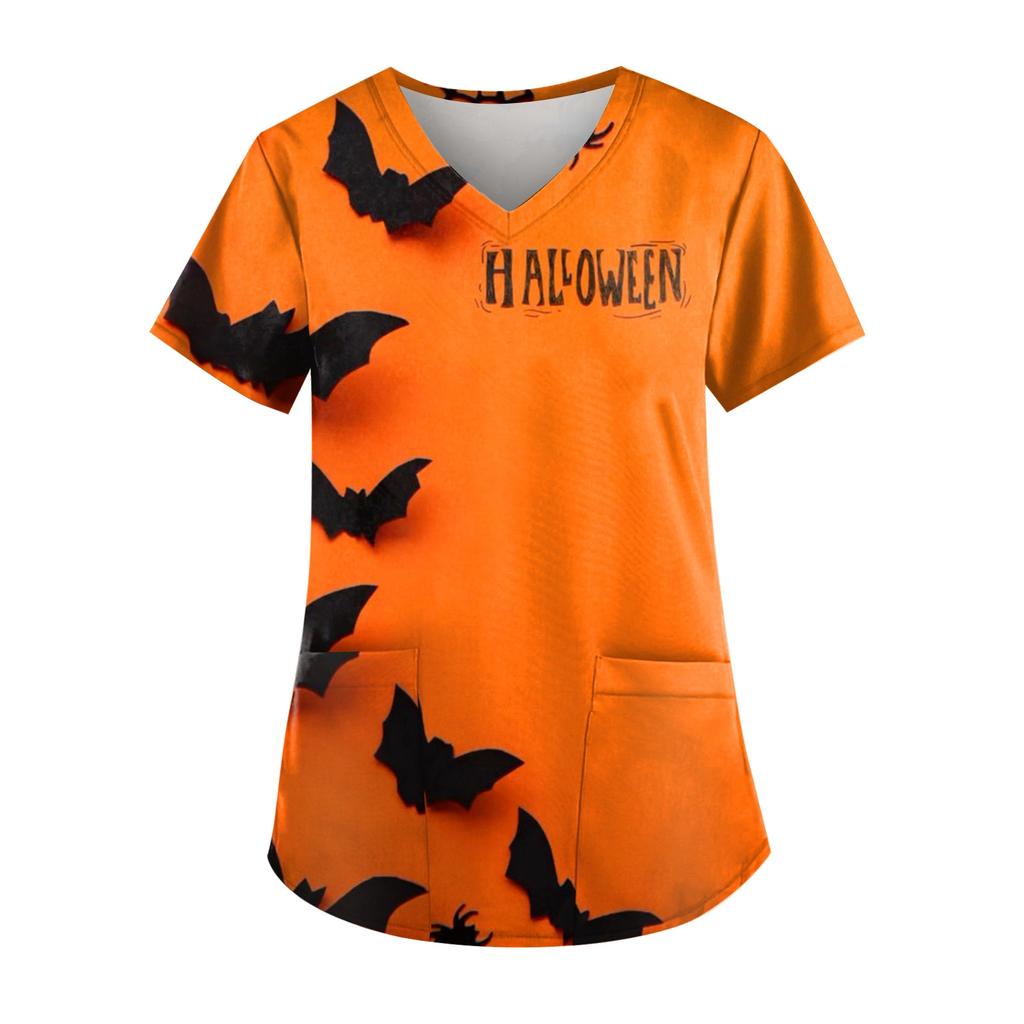 Плюс размер Хэллоуин печатная рабочая форма Топы для женщин футболки с v-образным вырезом и короткими рукавами рабочая одежда футболка с карманами