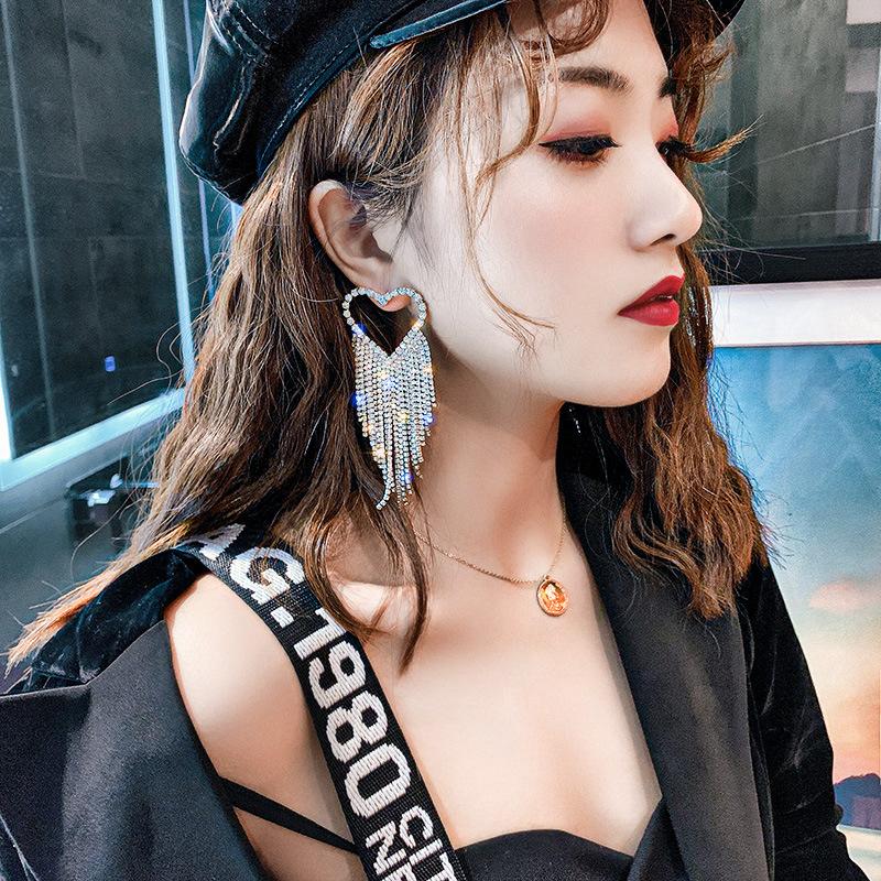 Модные длинные серьги-кисточки со стразами для женщин, черные серьги-подвески с кристаллами в форме сердца, эффектные серьги с цирконом