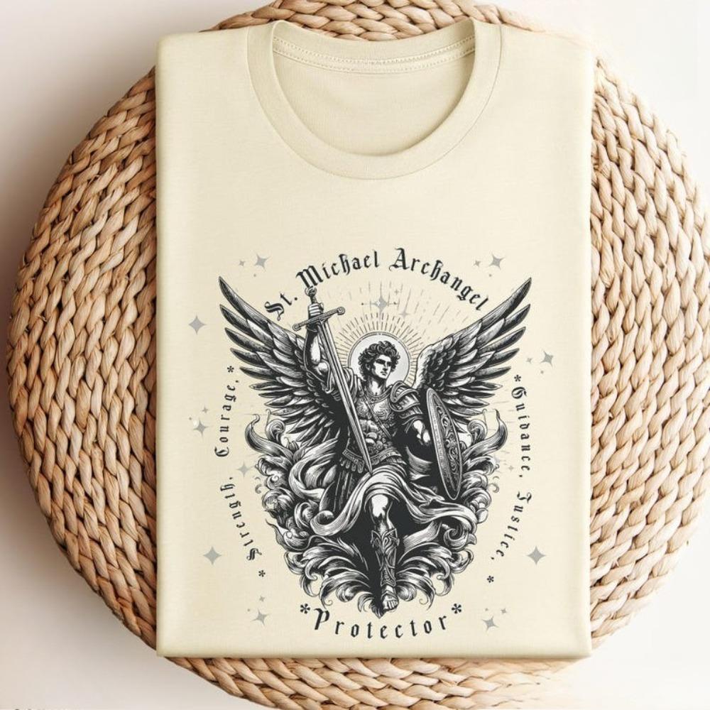 St Michael Archangel Tshirt Catholic Vintage ClipArt Gifts Shirt Retro Church Clothing Devotional Men Women Cotton Tee Tops
