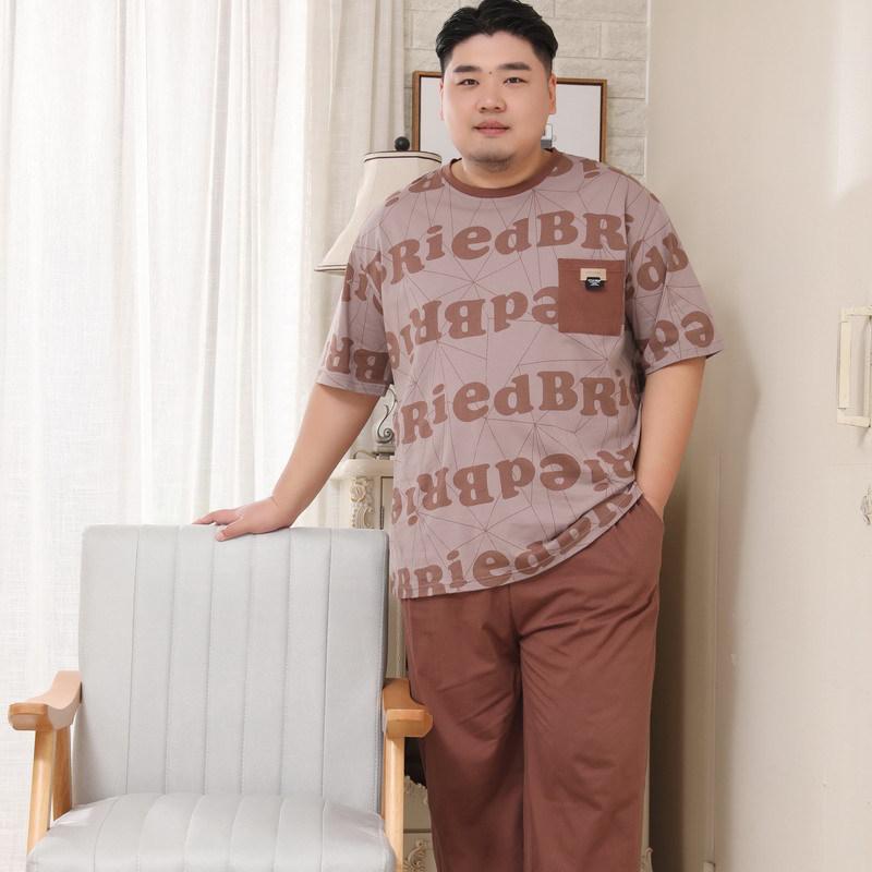 Мужской хлопковый комплект пижамы Mei Ji Yun Большого размера 5XL - С круглым вырезом, с коротким рукавом топ и длинные брюки
