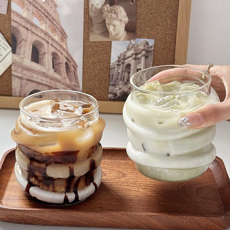 1pc Irregular Circular Glass Cup Office Ice Cream Cold Drink Cups Cafe American Coffee Cups Creative Gifts For Friends Milk Mugs