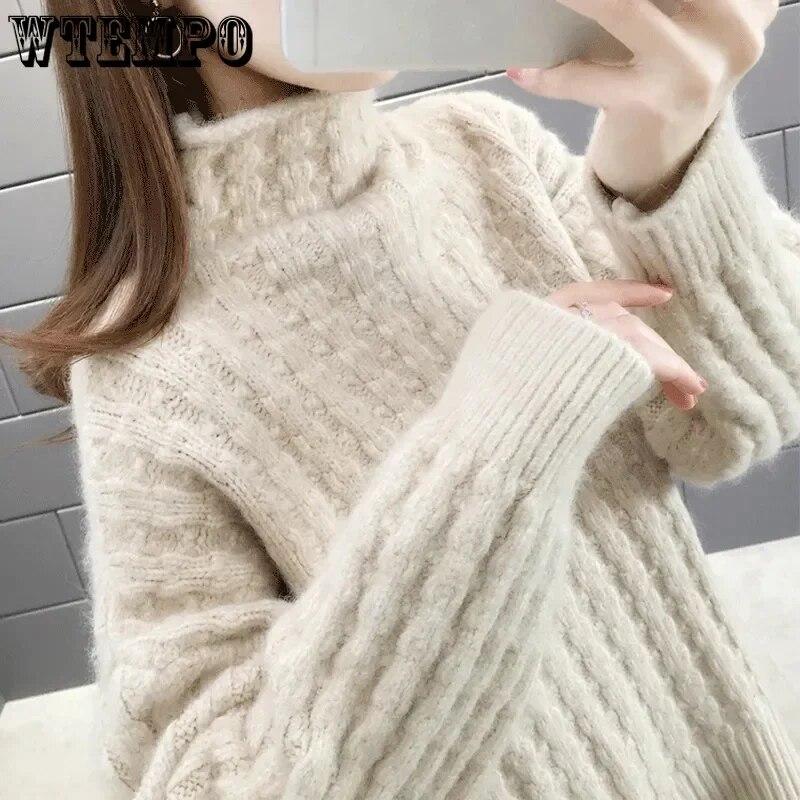 Женский свитер с высоким воротником, утепленный теплый осенне-зимний свободный пуловер, женский джемпер большого размера в фиолетовую вязаную полоску