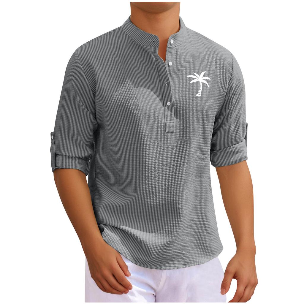 Men's T-shirt Long-sleeved Stand-up Collar Open-button Coconut Printed Shirt Men's Casual Sports Top
