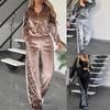 Women's Velour Tracksuit Set with Leopard Print Detail, Zip-Up Jacket and Wide Leg Pants