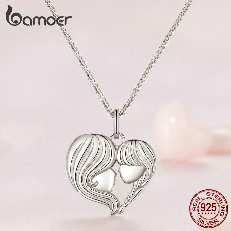 Bamoer 925 Sterling Silver Mother and Daughter Heart Shape Pendant Necklace for Women Birthday Mother's Day Gift Fine Jewelry