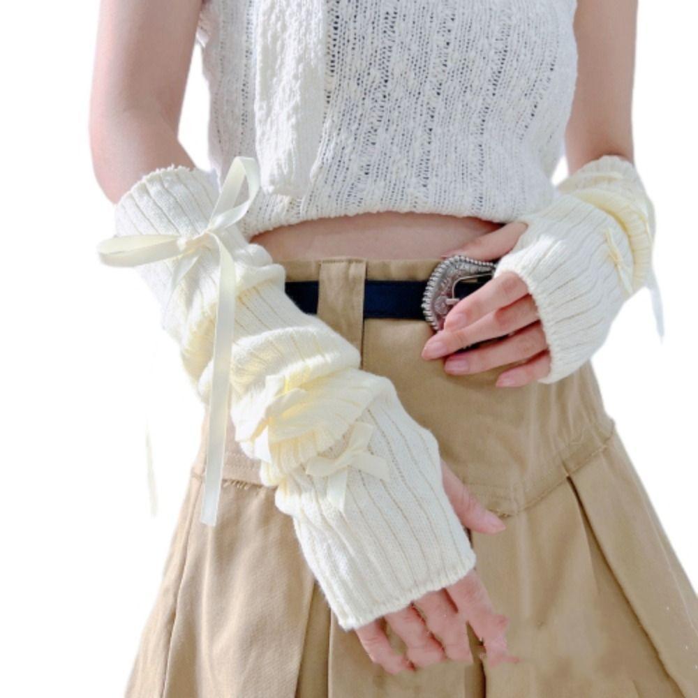 Y2K Long Wrist Gloves Ballet Style Arm Warmers Soft Knitted Bow Arm Sleeves  Girl Party