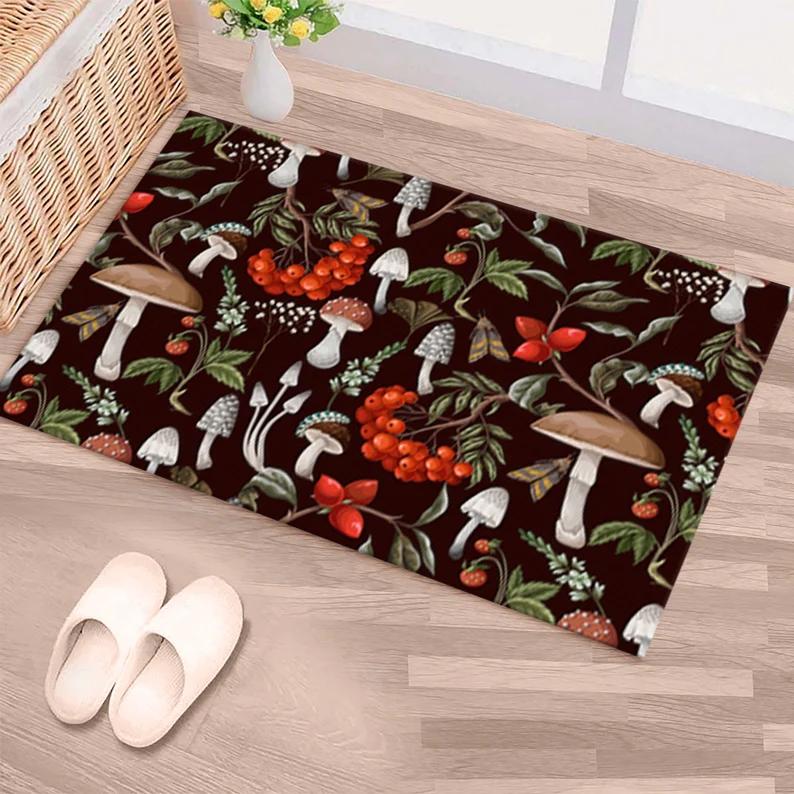 Ковер с рисунком «Грибной Лес» Декоративный Эффект Вышитый Ковер в Стиле Фермерского Коттеджа Винтажный Стиль Элегантный Бохо Шэбби Шик Декор Дома