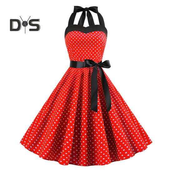 Женское платье миди с бретелью через шею, шнуровкой, облегающим, с высокой талией, бантом, без рукавов, А-силуэта, свободным подолом, принтом в горошек, в стиле ретро 50-х 60-х годов, женское платье для выпускного вечера с открытой спиной