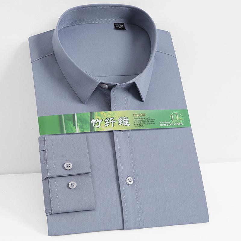 Мужская классическая классическая рубашка из эластичного бамбукового волокна с длинными рукавами, без карманов, стандартного кроя, деловые офисные рубашки, удобные в уходе