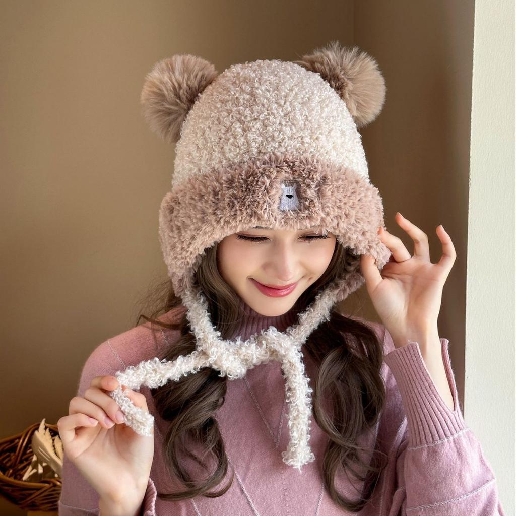 Cute Little Bear Plus Velvet Hat for Women In Autumn and Winter New Korean Style Knitted Hat Versatile Warm Ear Protection Fashion Wool Hat