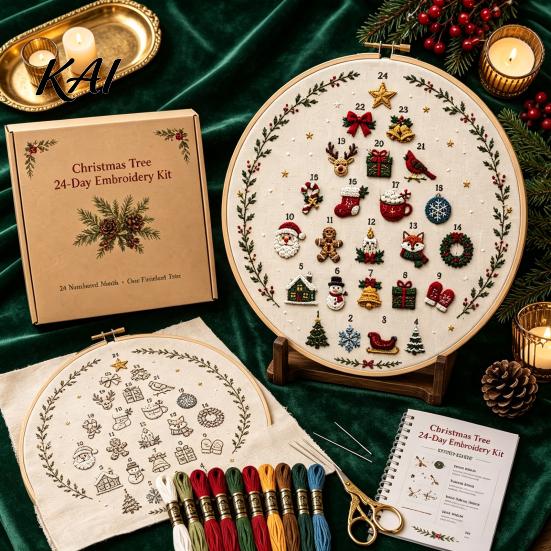 DIY Decorative Hanging Ornaments 24 Days Christmas Tree Embroidery Kit, Sewing Kit for Beginners, Holiday Handmade Countdown Gift Idea Material