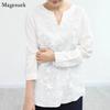 Женская рубашка с кружевной вышивкой и цветами, винтажные свободные женские блузки с длинными рукавами, женские топы, элегантные рубашки с v-образным вырезом Faahion 20450