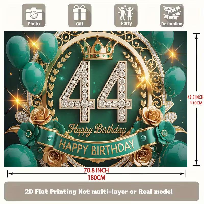 2D Luxury Green Gold 44th Birthday Backdrop Diamond Crown Party Banner