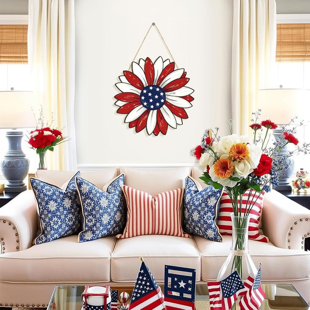 Wooden 4th of July Decoration Door Wreath for Front Door Sign Star Wall Signs, Independence Day Patriotic Day Wreath Welcome Memorial Day Hanging for