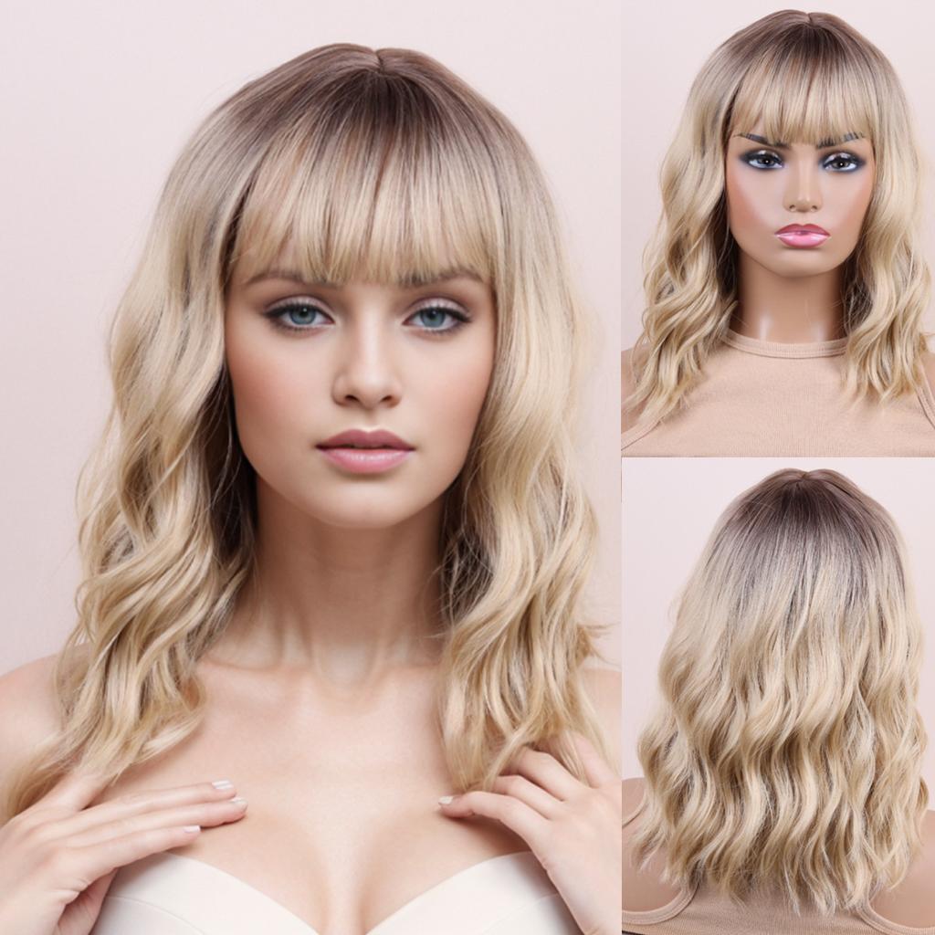 Pink Blond Dark Brown Synthetic Wigs Short Wavy Bob Wigs with Bangs for Women Daily Cosplay Natural Hair Wig Heat Resistant Fiber