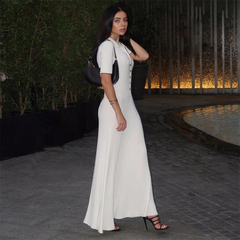 Вязаное платье макси для женщин, повседневное белое облегающее платье с отложным воротником и коротким рукавом, трикотажное платье в рубчик, женское уличное платье