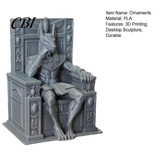3D Printed Stone Sculpture Anubis Sitting on Throne Statue, Palm-Sized Retro Gray Texture Mini Ornament, Ancient Egyptian Style Stable Base Figurine