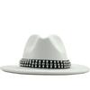 2022 Men Women Wide Brim Wool Felt Fedora Panama Hat with Belt Buckle Jazz Trilby Cap Party Formal Top Hat In Pink,white