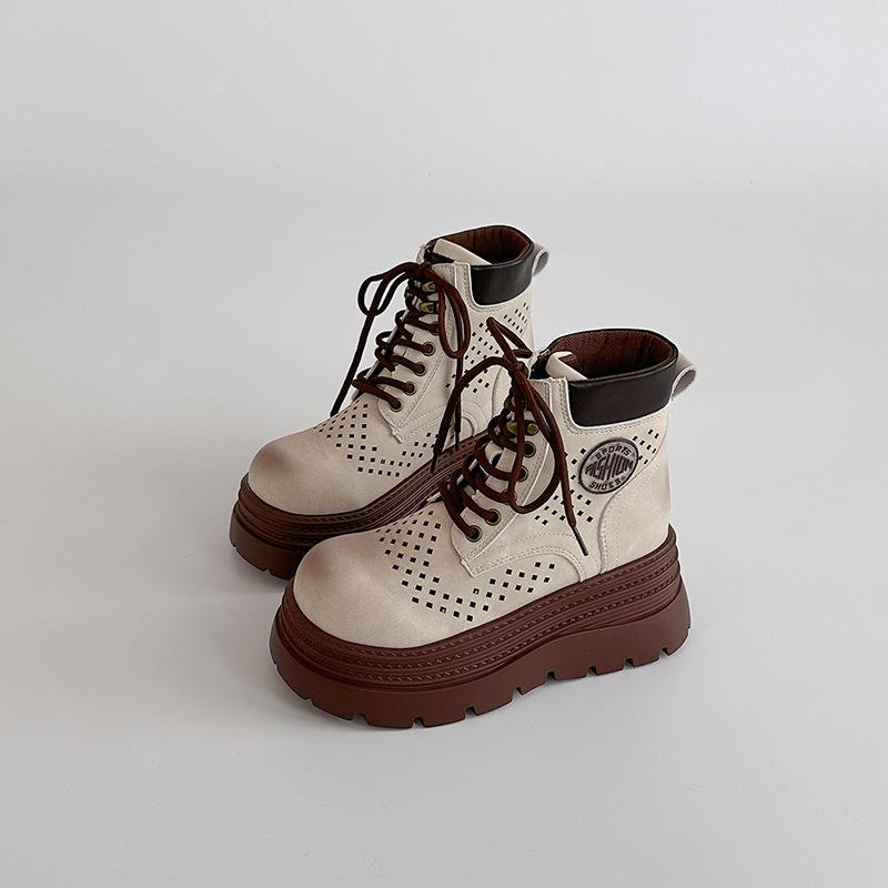 Fashion Hollow Breathable Casual Flat Bottom Martin Boots Autumn Retro Lace-Up Women's Thick Bottom Short Boots Small Boots