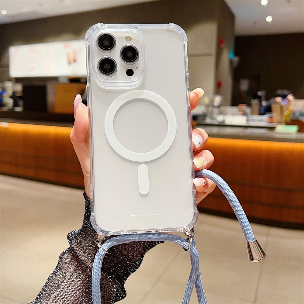 Ремешок через плечо для Magsafe, магнитный чехол с беспроводной зарядкой для iPhone 11 12 13 14 15 Pro Max X XR XS 7 8 Plus SE, прозрачный чехол