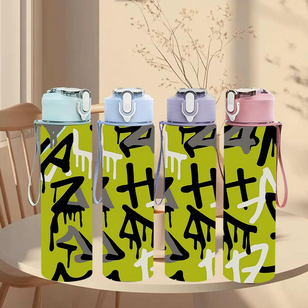 1PC Graffiti Street Art Font 750ml Color Plastic Sports Water Bottle Leakproof Flip Straw Lid Suitable for Sports Office Home Use